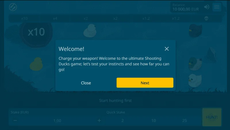 Exploding Ducks - bahis seçimiyle hoş geldiniz ekranı